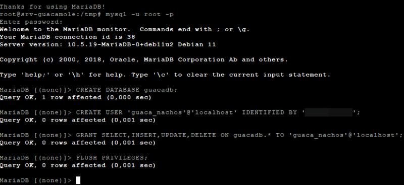 Base de données MariaDB MySQL pour Apache Guacamole